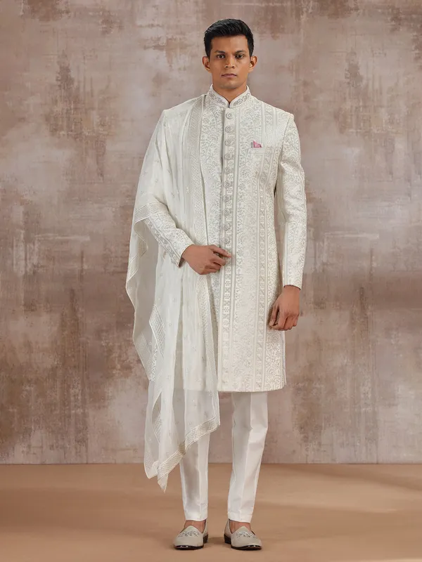 White lucknowi georgette sherwani with dupatta