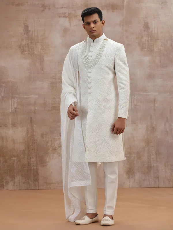 White lucknowi georgette sherwani with dupatta wedding outfit