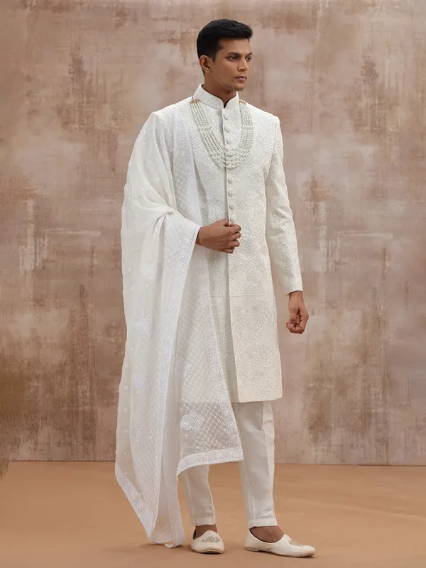 White lucknowi georgette sherwani with dupatta wedding outfit