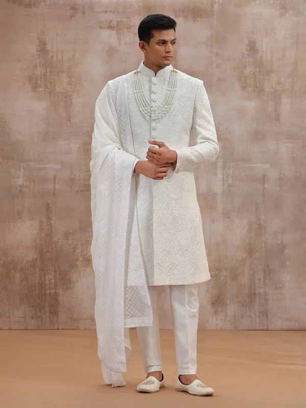 White lucknowi georgette sherwani with dupatta wedding outfit