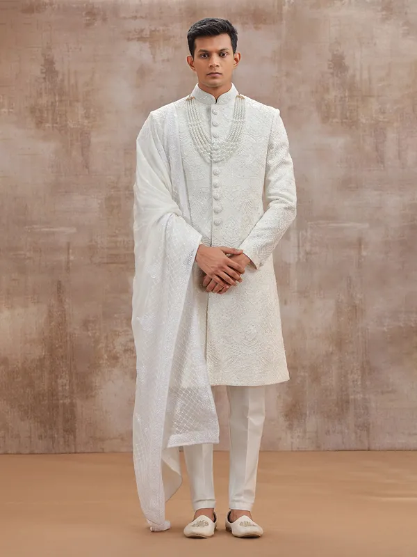 White lucknowi georgette sherwani with dupatta wedding outfit