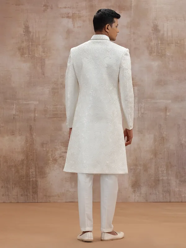 White lucknowi georgette sherwani with dupatta wedding outfit