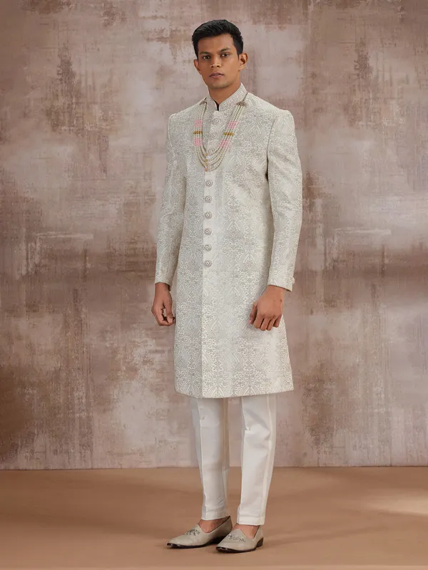 White lucknowi georgette wedding sherwani for groom