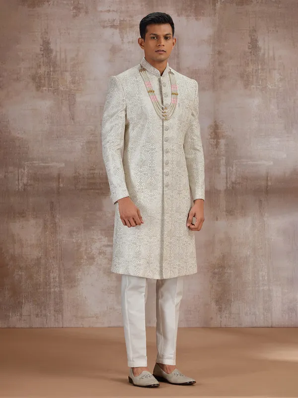 White lucknowi georgette wedding sherwani for groom