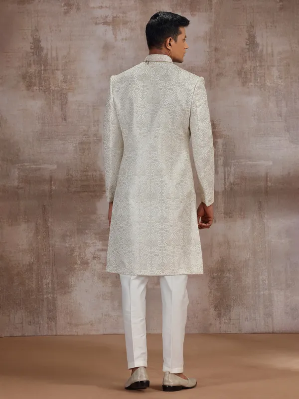 White lucknowi georgette wedding sherwani for groom