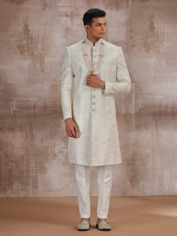 White lucknowi georgette wedding sherwani for groom