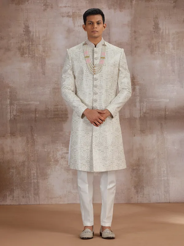 White lucknowi georgette wedding sherwani for groom