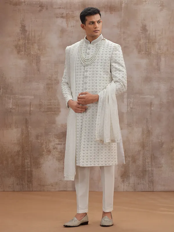 White lucknowi georgette wedding sherwani with dupatta