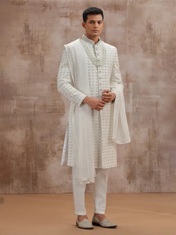 White lucknowi georgette wedding sherwani with dupatta