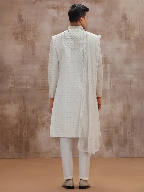 White lucknowi georgette wedding sherwani with dupatta