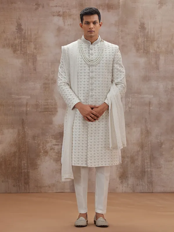 White lucknowi georgette wedding sherwani with dupatta
