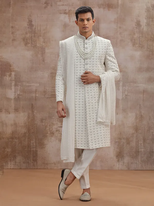 White lucknowi georgette wedding sherwani with dupatta