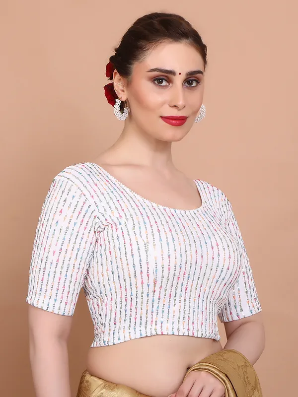 White lycra embroidered ready made blouse