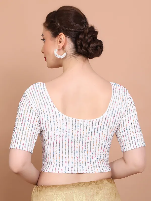 White lycra embroidered ready made blouse