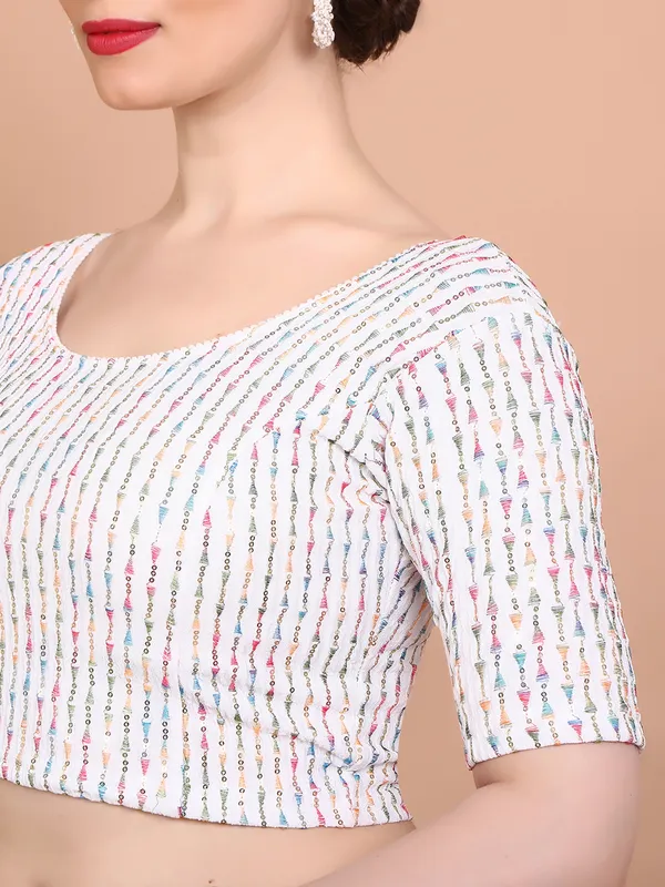 White lycra embroidered ready made blouse