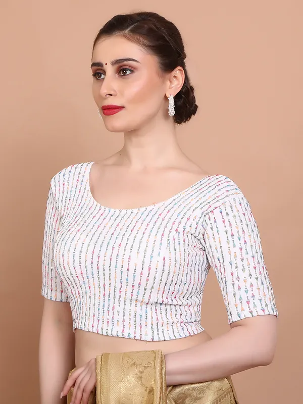White lycra embroidered ready made blouse