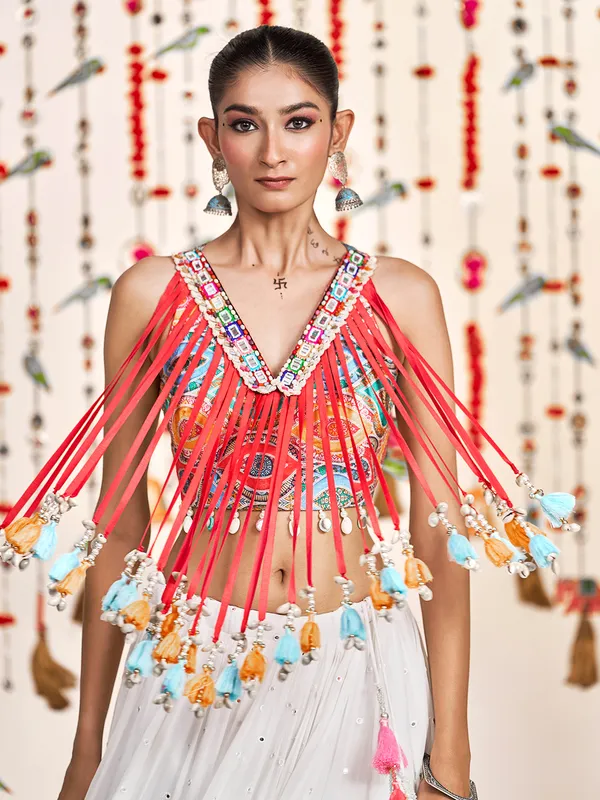 White navratri wear silk lehenga choli with designer choli