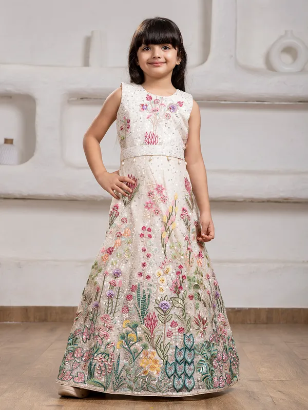 White net jacket gown with sequins zari work