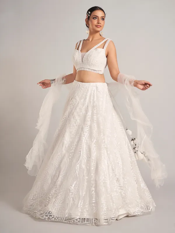 White net ruffle dupatta reception lehenga choli
