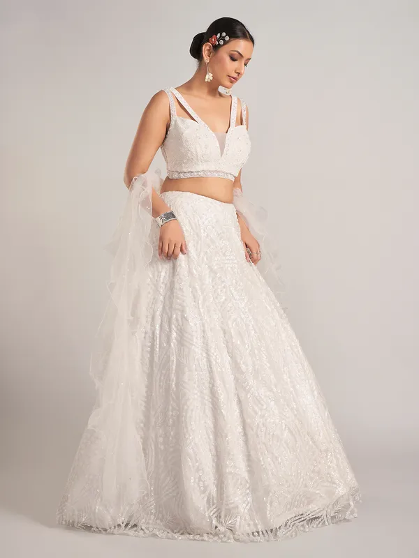 White net ruffle dupatta reception lehenga choli