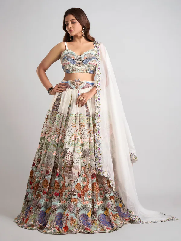 White net stone work lehenga choli with dupatta