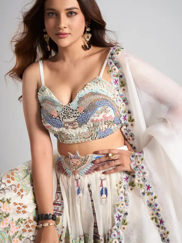 White net stone work lehenga choli with dupatta