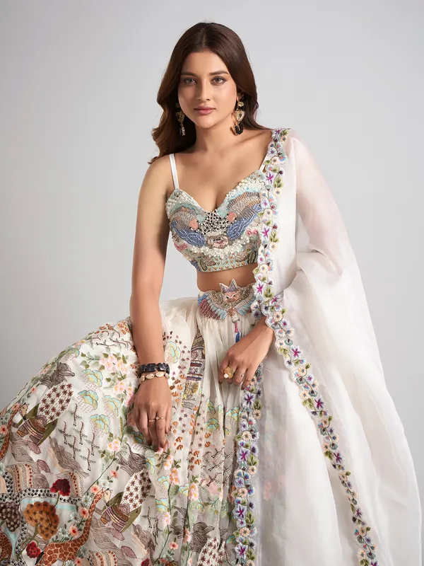 White net stone work lehenga choli with dupatta