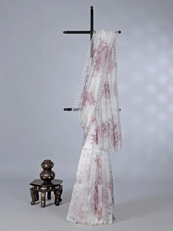 White onion pink floral organza saree with beaded embellishments