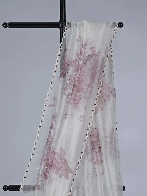 White onion pink floral organza saree with beaded embellishments