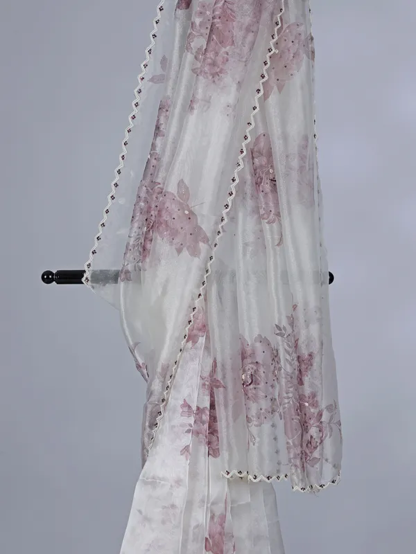 White onion pink floral organza saree with beaded embellishments