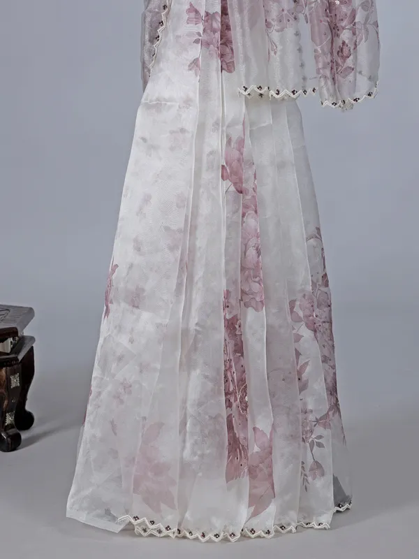 White onion pink floral organza saree with beaded embellishments