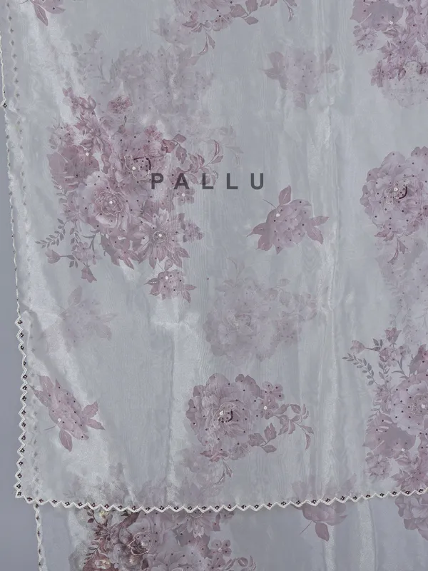 White onion pink floral organza saree with beaded embellishments