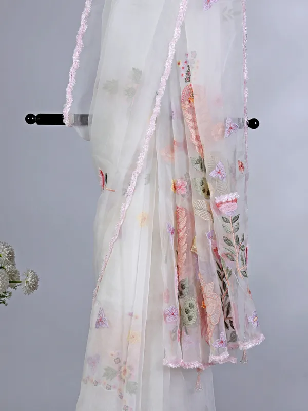 White organza saree with embroidery