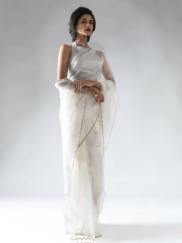 White organza saree with ready made blouse