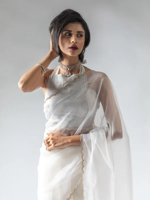 White organza saree with ready made blouse