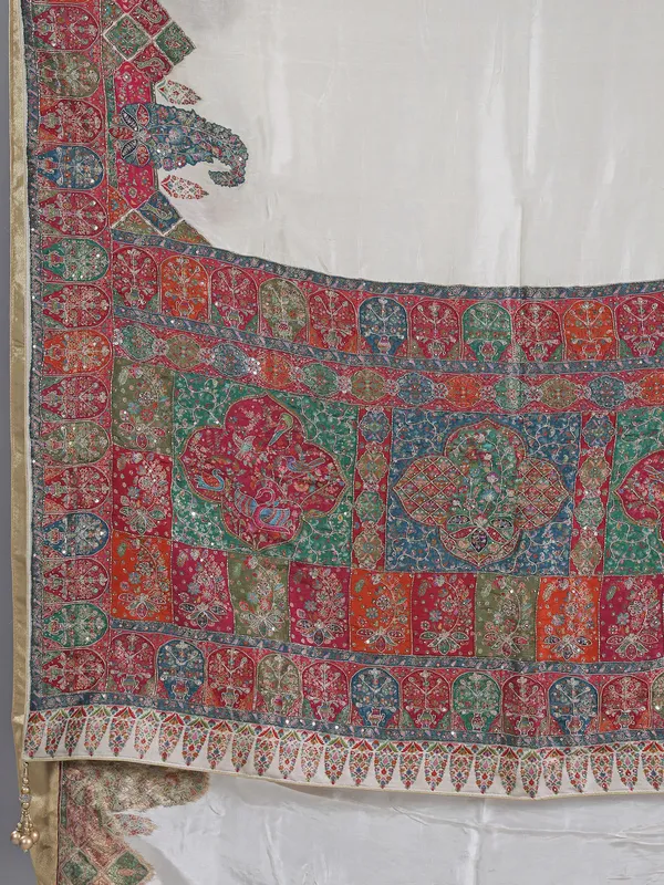White pashmina silk saree with embellishments