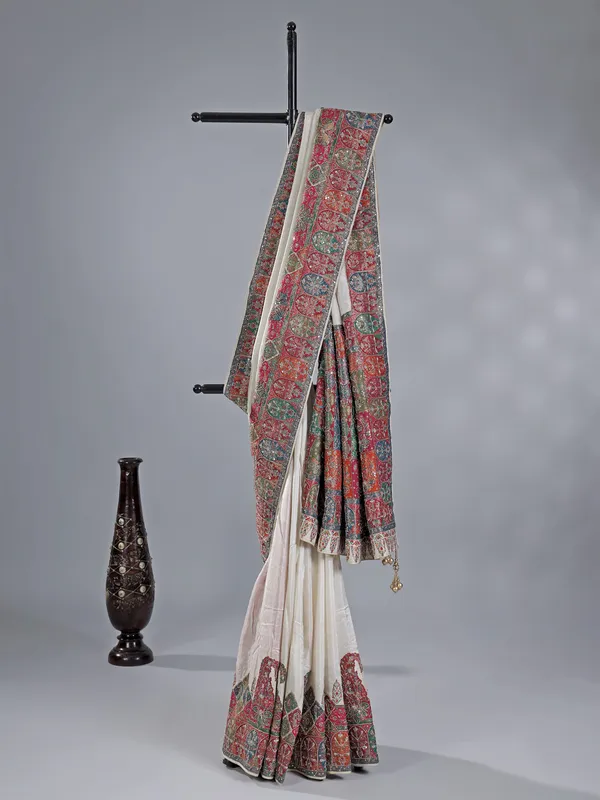White pashmina silk saree with embellishments