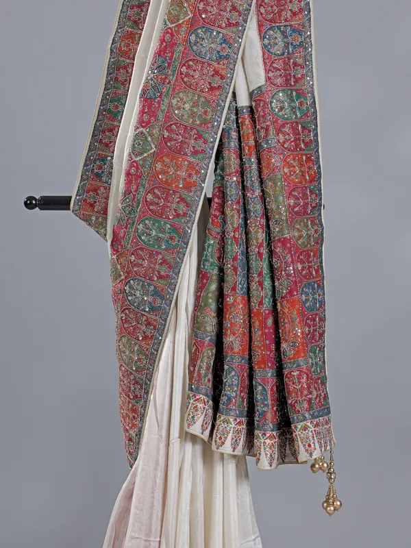 White pashmina silk saree with embellishments