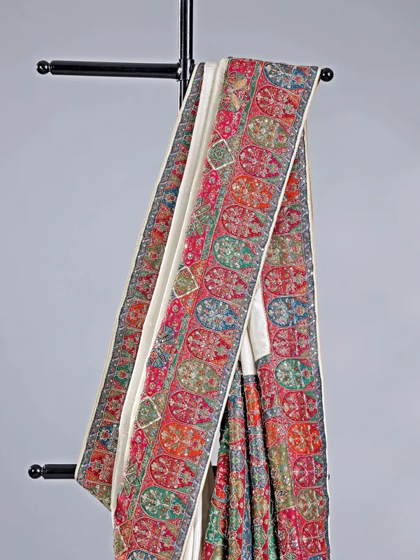White pashmina silk saree with embellishments