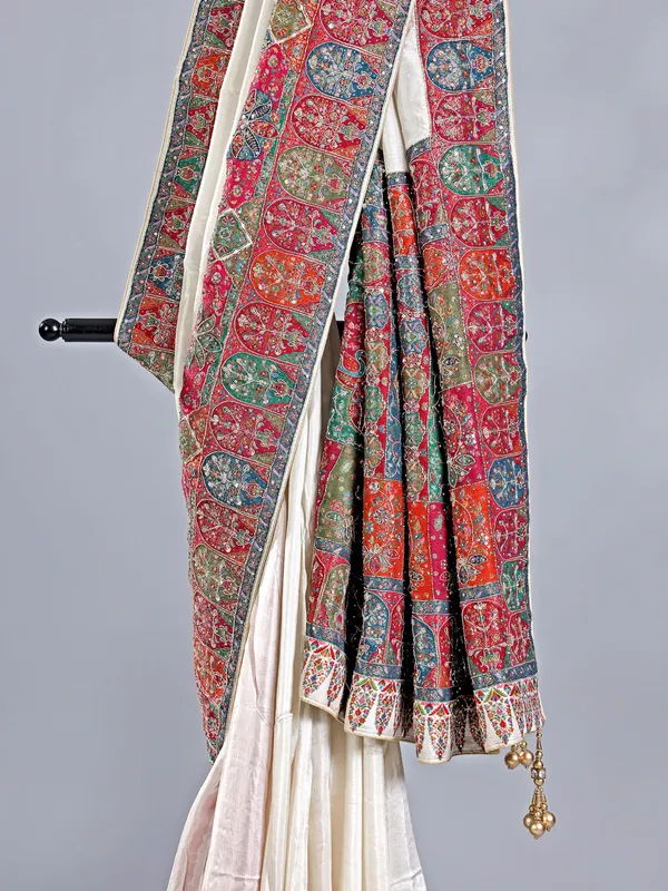 White pashmina silk saree with embellishments