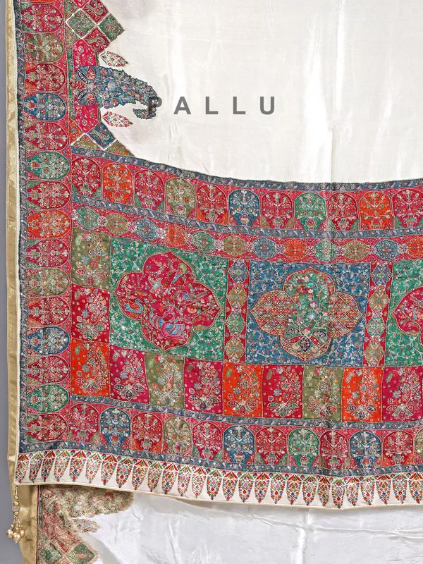 White pashmina silk saree with embellishments