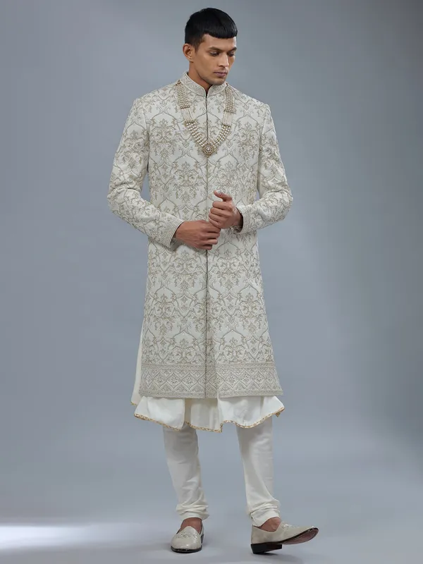 White peshwai silk shewani for groomsman