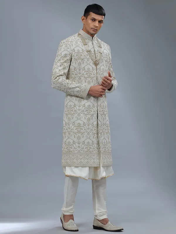 White peshwai silk shewani for groomsman