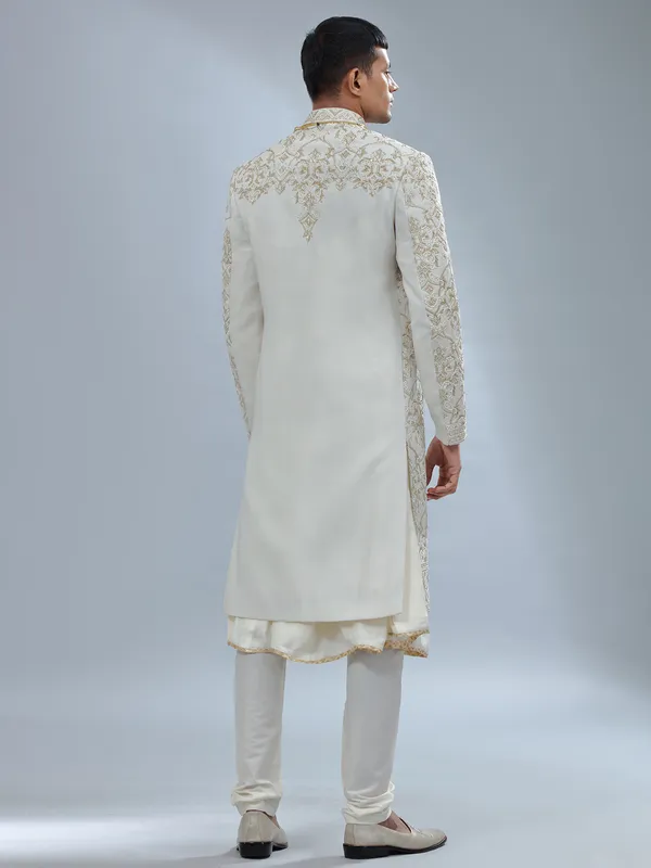 White peshwai silk shewani for groomsman