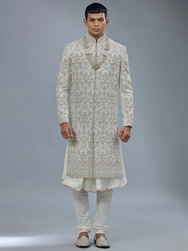 White peshwai silk shewani for groomsman