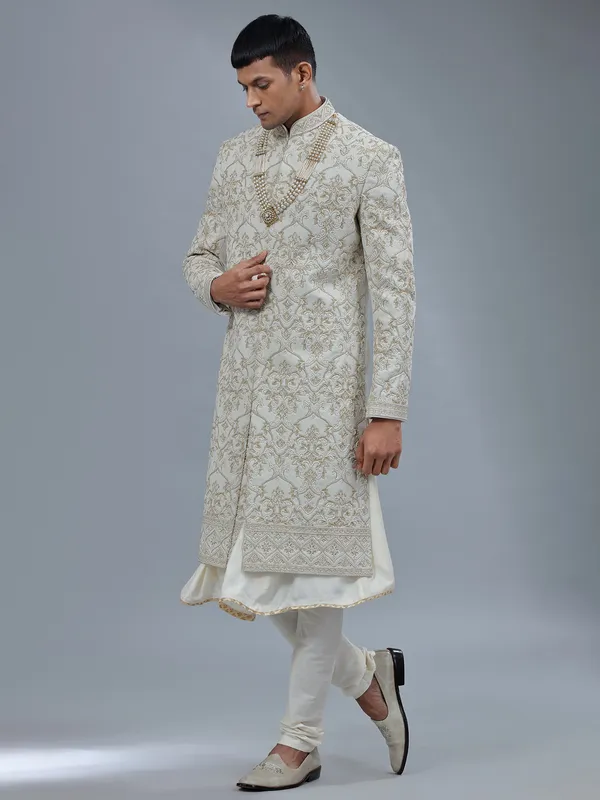 White peshwai silk shewani for groomsman