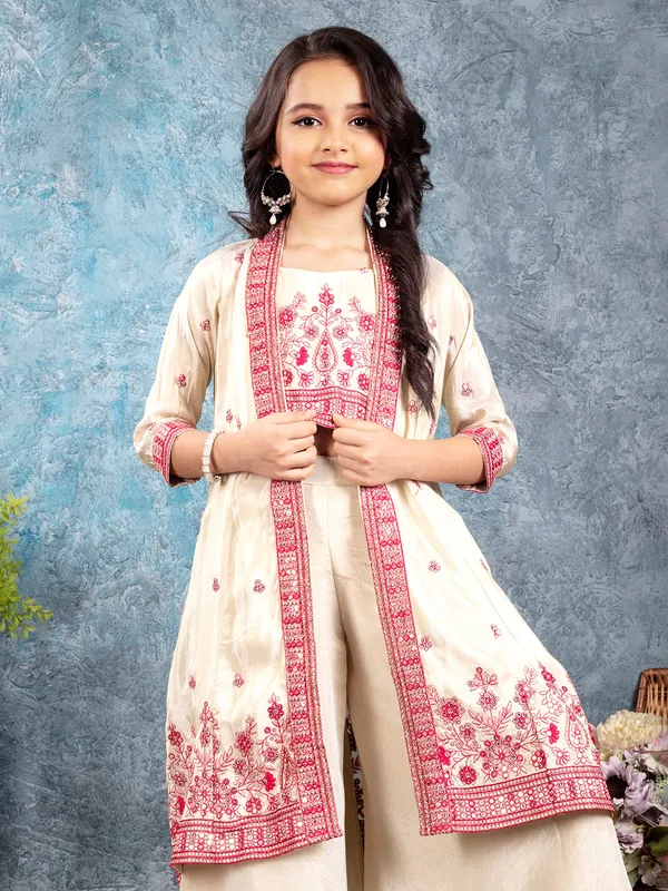 White pink silk jacket palazzo salwar suit set