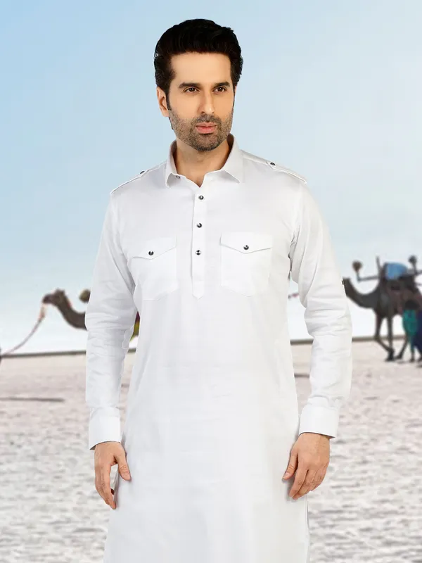 White plain cotton pathani suit