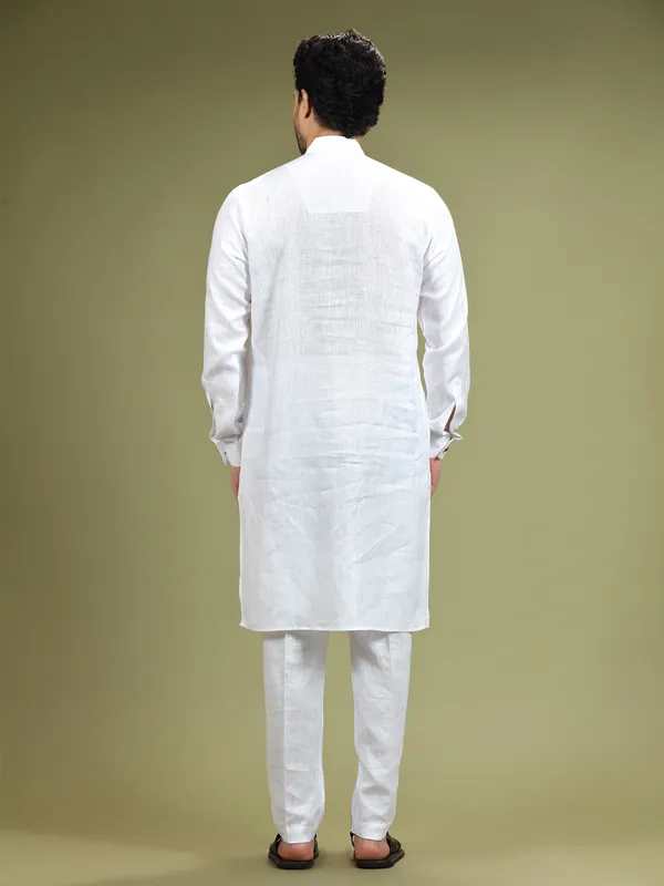 White plain linen  Men Kurta pajama