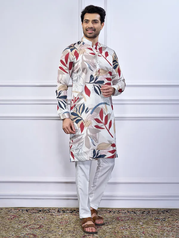 White printed cotton kurta suit for men traditional wear